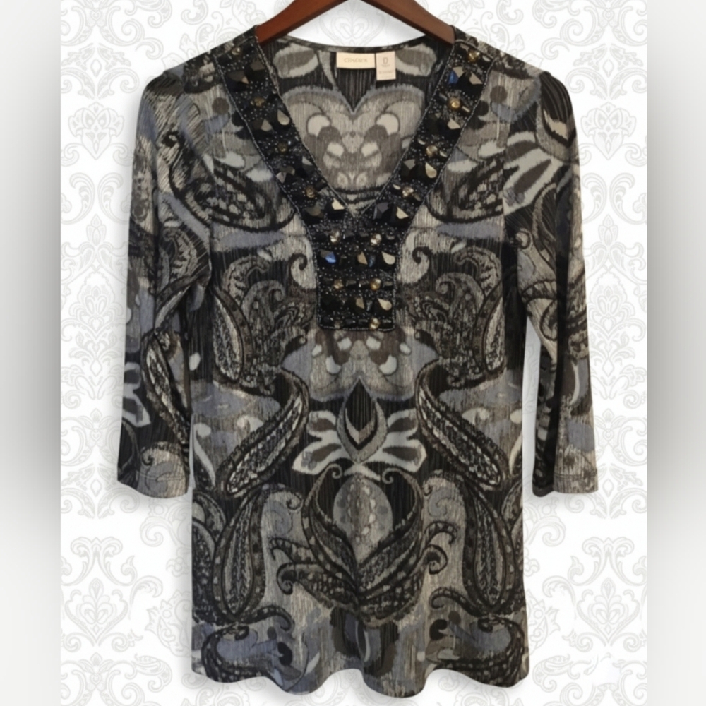 Chico's Black & White Abstract Paisley Print Embellished Tunic Top